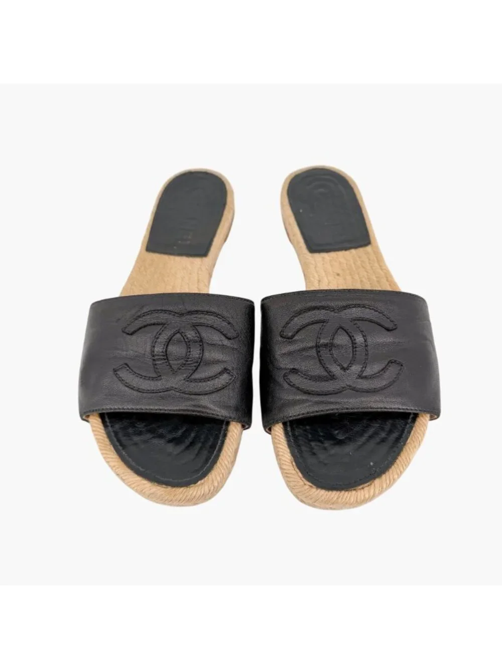 Chanel CC Flat Espadrille Mule Slide Sandals Black Leather Size 38 US 7-7.5
